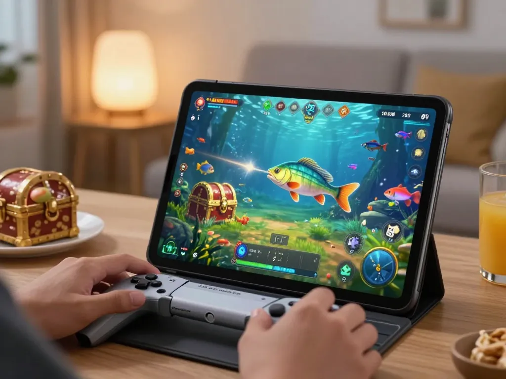 Engaging gameplay moment in Bắn cá thần tài where a player aims at rare fish, surrounded by a cozy gaming setup.