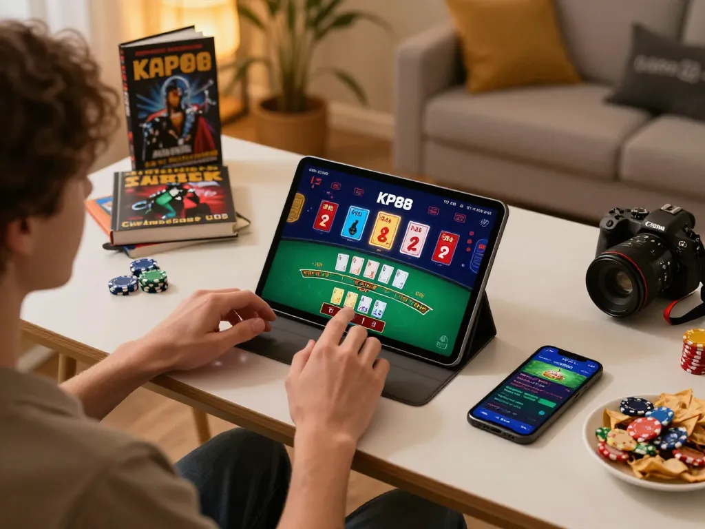 Engaging with the KP88 casino app on a tablet while enjoying a comfortable home gaming setup.