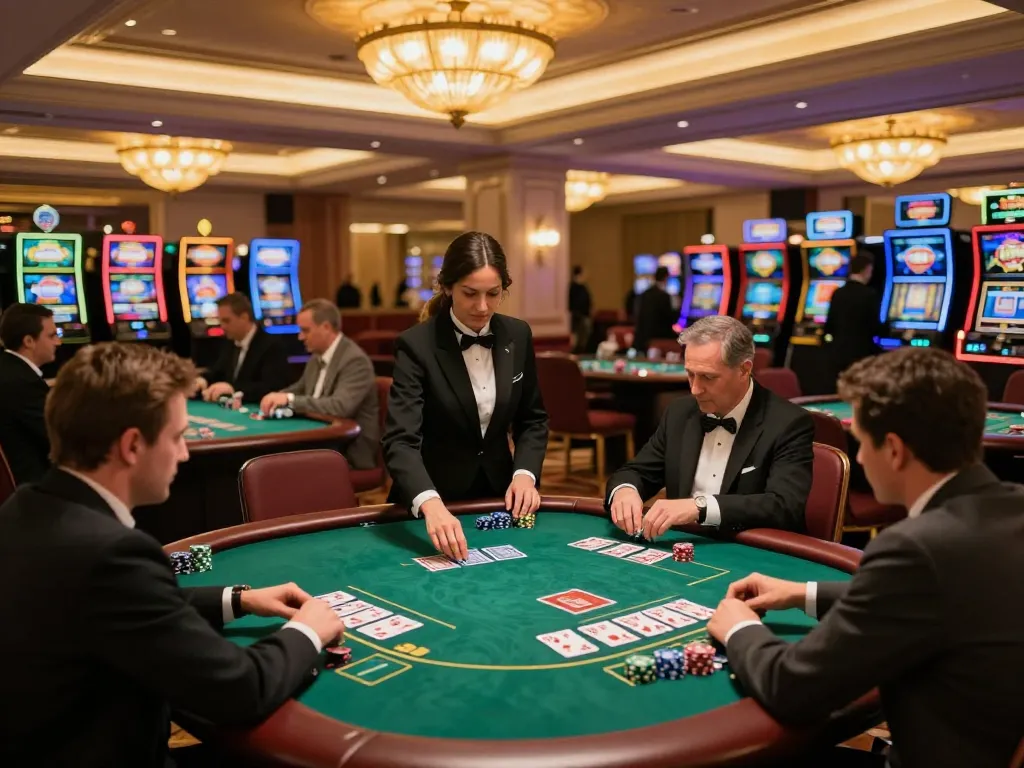 Engaged players at https://888vnd.bid/ enjoying dynamic blackjack gameplay in an upscale casino environment