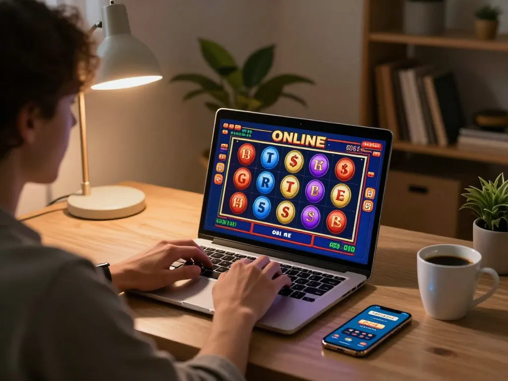 Engaging in online casino gaming with uu88 vom on a laptop, showcasing vibrant slots interface.