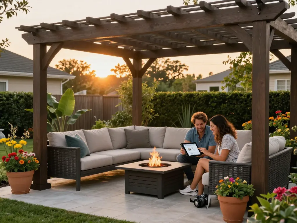 Couple using a pergola configurator on a tablet in an outdoor living space.