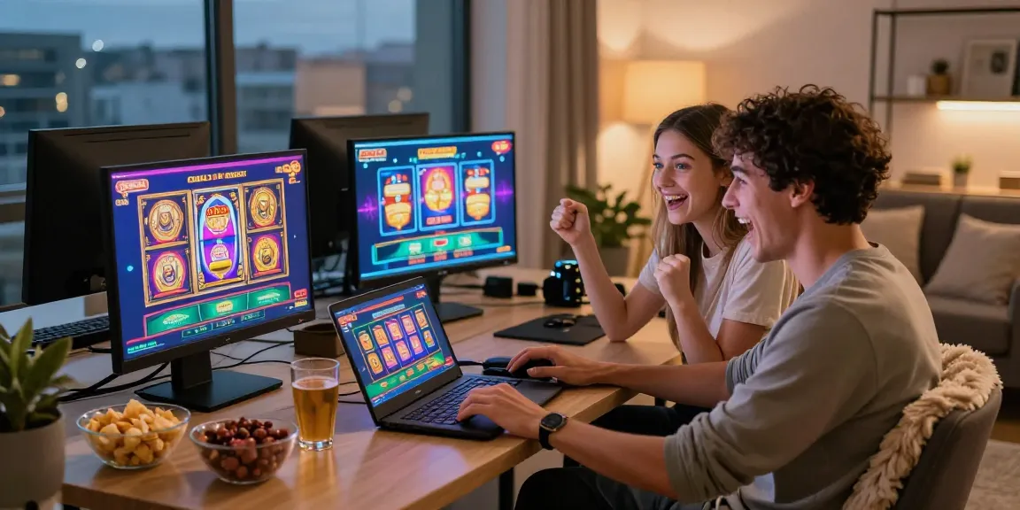 Exciting credit card casino reviews capturing a young couple enjoying online gaming in a modern home office.