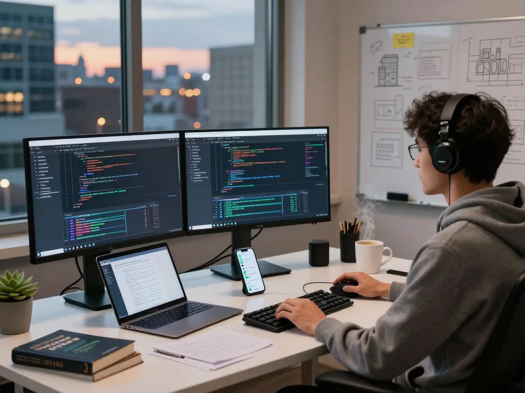 A developer utilizing molt bot in a modern workspace with dual monitors, offering a glimpse into advanced coding practice.