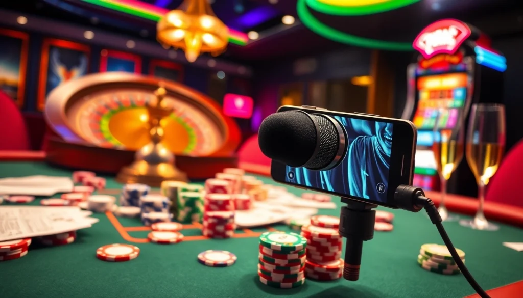 Gamble confidently with the MV88 microphone enhancing audio clarity at a vibrant casino.