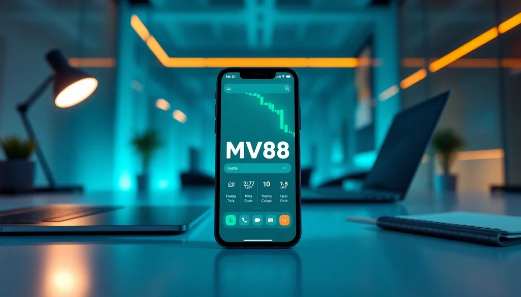 MV88 app interface displayed on a smartphone in a modern office setting, showcasing digital engagement.