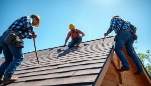 Get reliable roofing services installed by professionals, showcasing skilled workmanship on a suburban home.