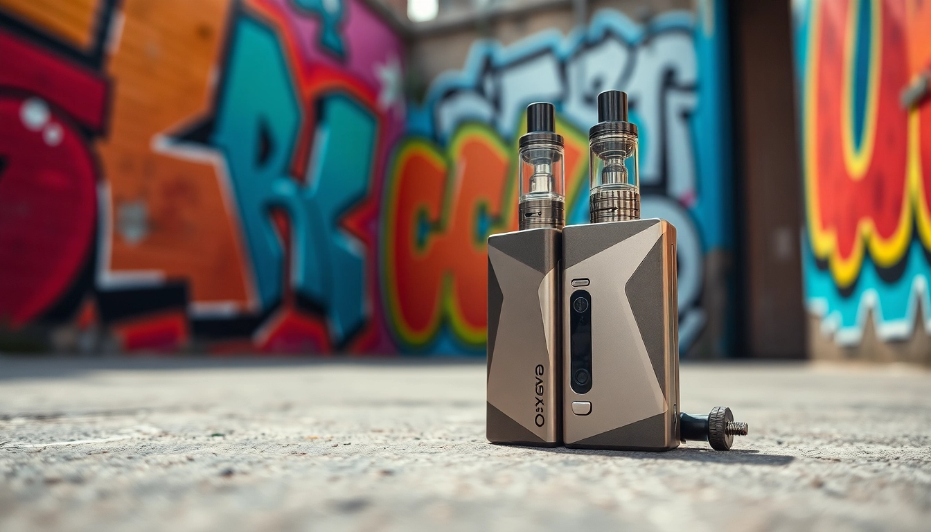 Die Oxva E-Zigarette mit modernem Design vor einem farbenfrohen Graffiti-Hintergrund.
