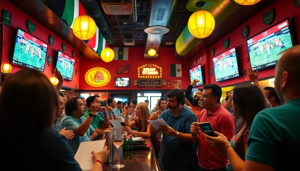 Engaging scene of sports betting in Mexico with fans celebrating in a lively sports bar.