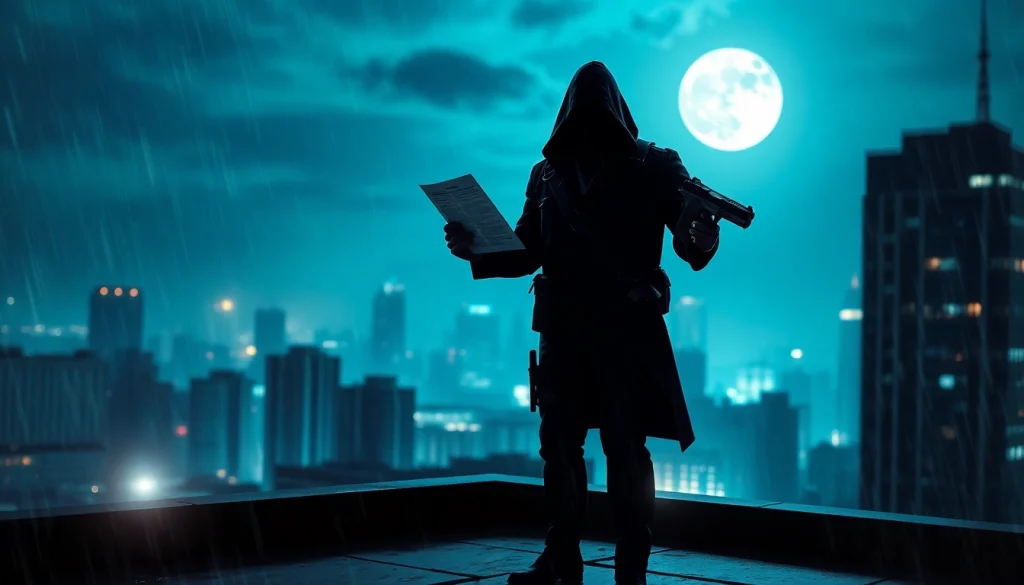 Engaging scene depicting Contracts and Bullets theme with an assassin and city backdrop.