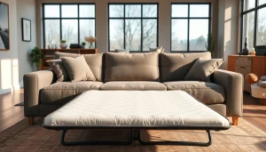 Sofa beds UK showcased elegantly in a modern living room with soft grey tones and inviting atmosphere.