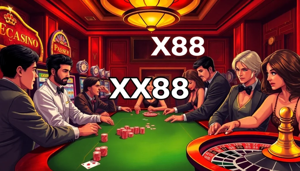 Engaging players at XX88 casino with luxury poker and slot machines in vibrant colors.