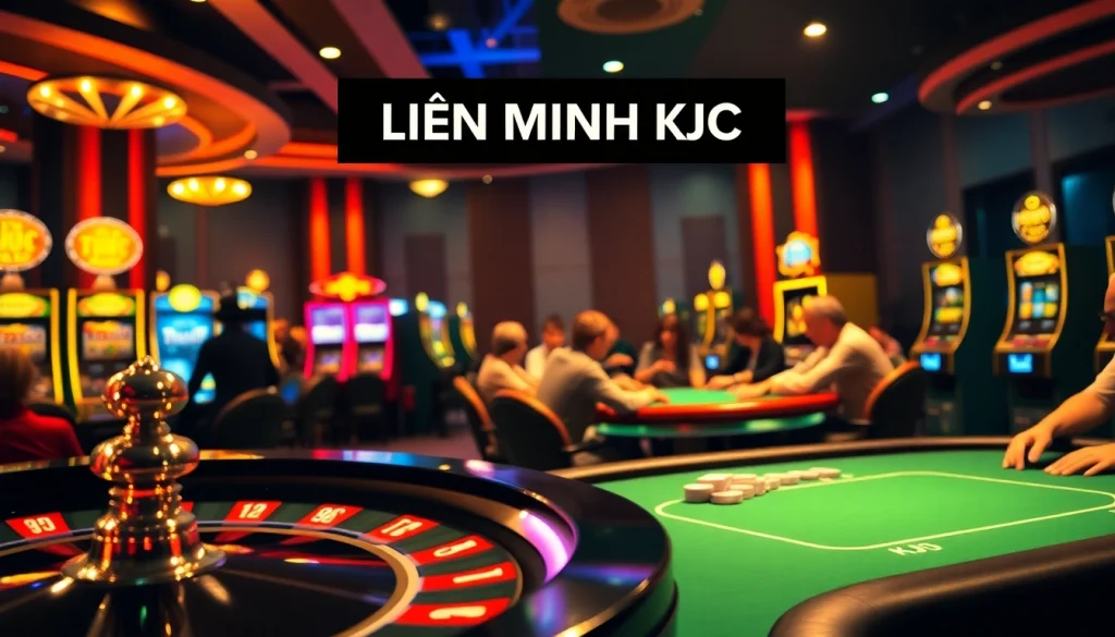 Experience the excitement of gaming at LIÊN MINH KJC with players engaged in thrilling poker action surrounded by vibrant casino elements.