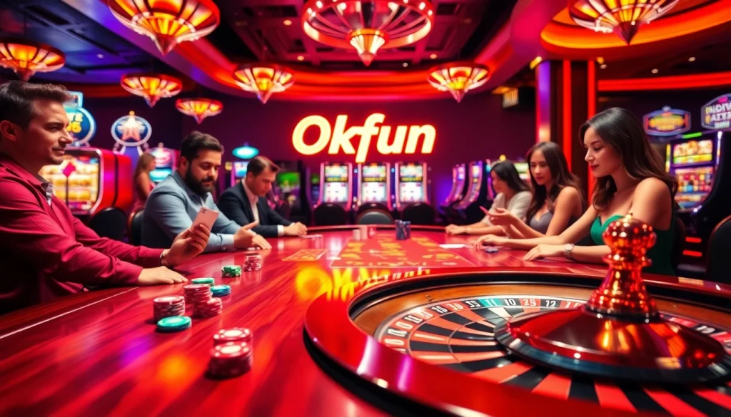 Experience the excitement of Okfun with players at a poker table enjoying their game, highlighting strategic moves in a lively casino setting.