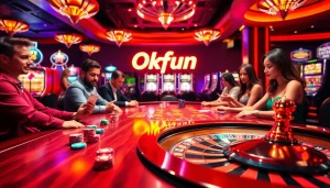 Experience the excitement of Okfun with players at a poker table enjoying their game, highlighting strategic moves in a lively casino setting.