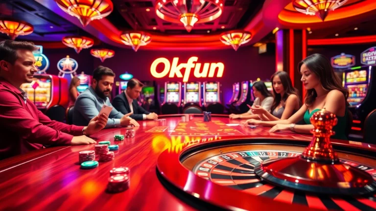 Experience the excitement of Okfun with players at a poker table enjoying their game, highlighting strategic moves in a lively casino setting.