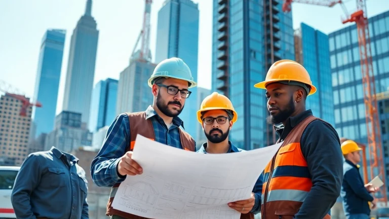 Manhattan General Contractor team reviewing blueprints at a busy construction site in Manhattan