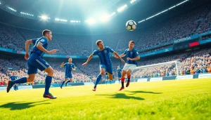 축구중계 장면에서 선수들이 경기를 펼치는 모습과 함께 팬들의 열기가 느껴진다.