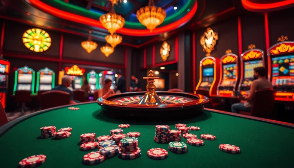 Experience the thrill of casino gaming with https://tructiepbongda.eu.com/, showcasing roulette and vibrant poker chips.