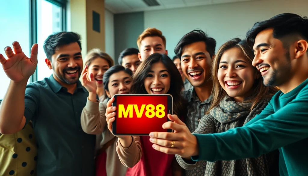Users engaging with the MV88 mobile app in a vibrant atmosphere.