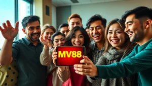Users engaging with the MV88 mobile app in a vibrant atmosphere.