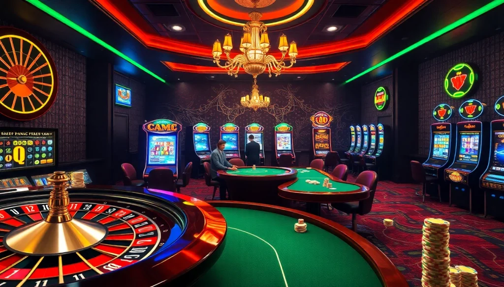 A bustling casino scene highlighting KJC AC 1 with roulette and poker games.