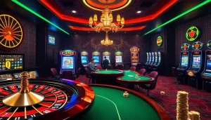 A bustling casino scene highlighting KJC AC 1 with roulette and poker games.