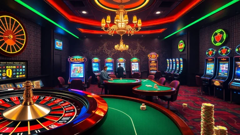 A bustling casino scene highlighting KJC AC 1 with roulette and poker games.
