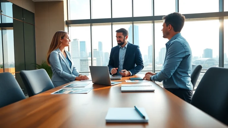 Real Estate agents collaborating in a modern office environment with city skyline view.