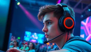 Gamers competing fiercely in a vibrant esports arena featuring 79king-style action.