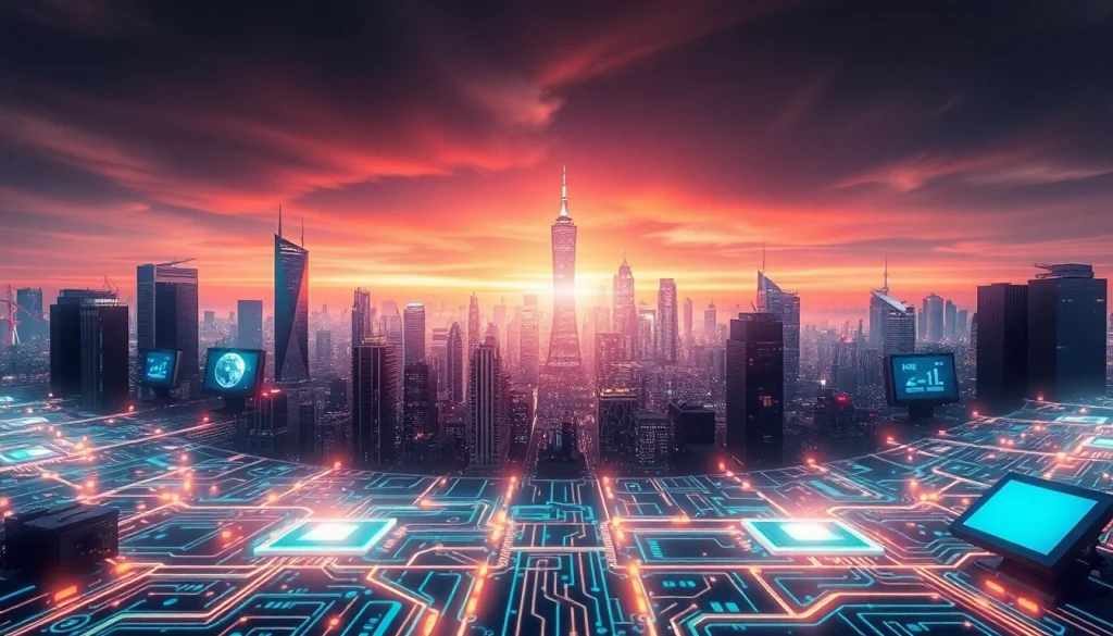 Showcasing Technology in a vibrant digital landscape with futuristic elements and glowing circuits.