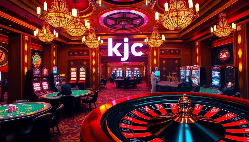 KJC casino scene showcasing players at poker tables and vibrant slot machines.