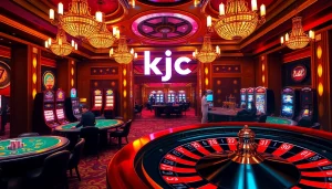 KJC casino scene showcasing players at poker tables and vibrant slot machines.