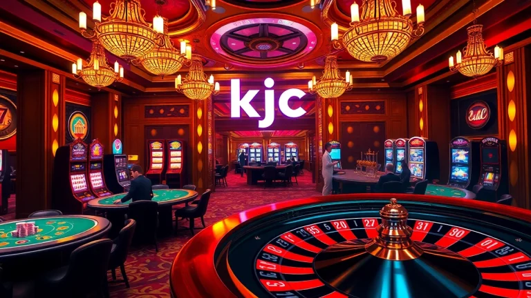 KJC casino scene showcasing players at poker tables and vibrant slot machines.