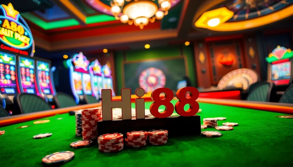 Hi88 invites players to an exhilarating poker night with vibrant chips and cards laid out at the table.