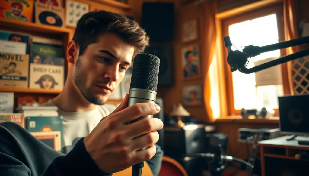 Capture the MV88 microphone in use by a professional musician in a cozy studio setting.