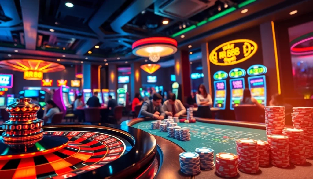Experience the thrill of RR88 as players engage with vibrant slots and roulette in a lively casino setting.