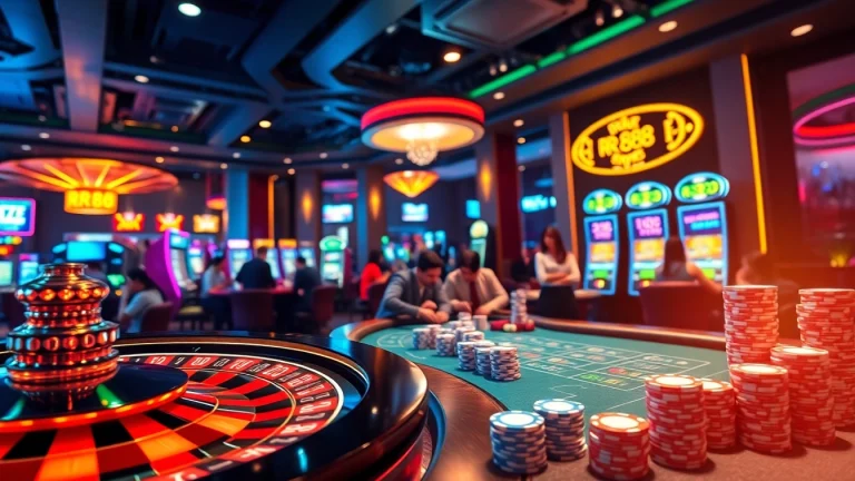 Experience the thrill of RR88 as players engage with vibrant slots and roulette in a lively casino setting.