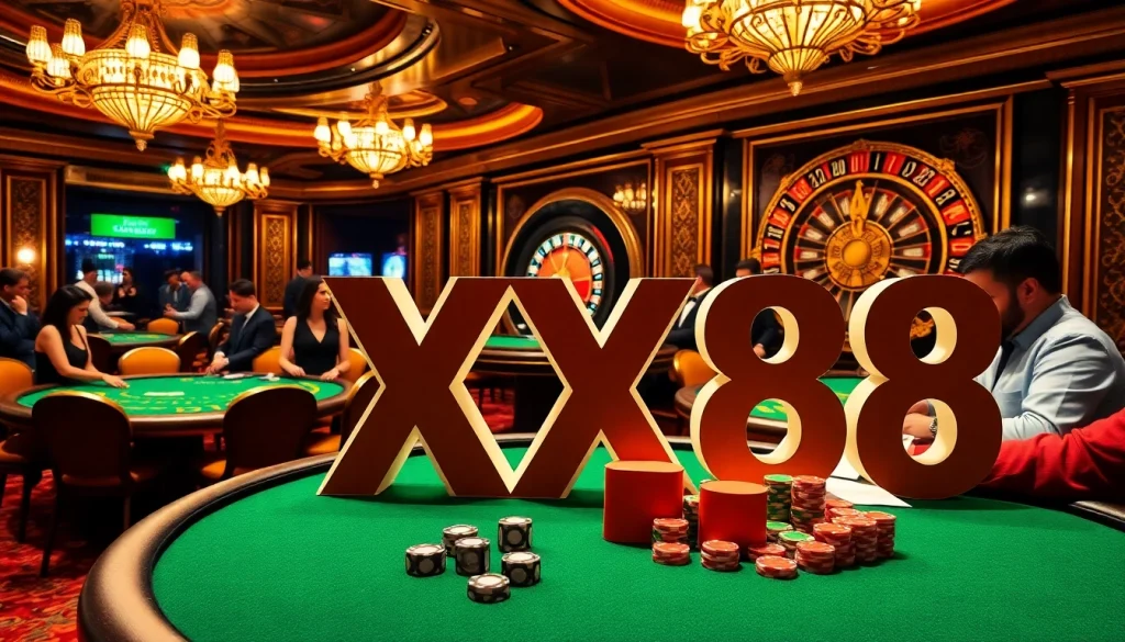 Experience the thrill of gambling at XX88 Casino with players enjoying blackjack and poker tables.