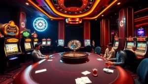 Experience thrilling gameplay at MM88’s dynamic casino, featuring poker tables and vibrant slot machines.