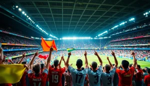 축구중계하는 경기장에서 흥분한 팬들이 팀 응원 복장을 입고 있는 모습