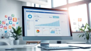 Engaging graphic representing a facebook smm panel in a professional environment, showcasing analytics and social media growth.