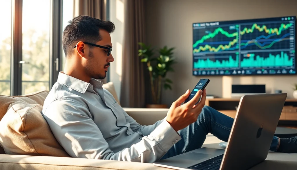 Person using a crypto mining app on a smartphone in a modern living room setting.