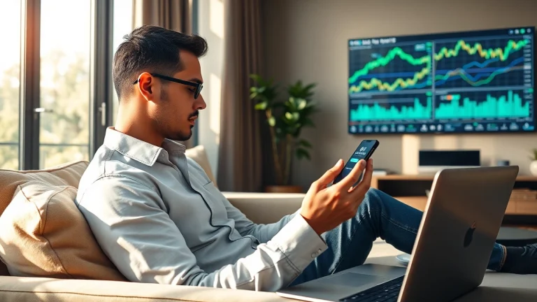 Person using a crypto mining app on a smartphone in a modern living room setting.