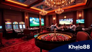 Khela88 casino scene featuring a roulette table, vibrant slots, and cricket betting, inviting players to win.