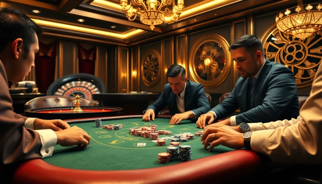 Players strategize at a high-stakes poker table in a luxury casino setting, showcasing the thrill of AF88.