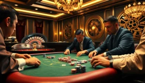 Players strategize at a high-stakes poker table in a luxury casino setting, showcasing the thrill of AF88.