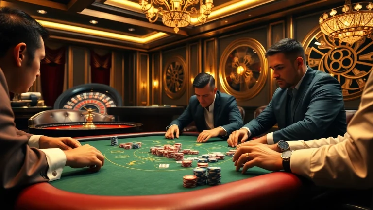 Players strategize at a high-stakes poker table in a luxury casino setting, showcasing the thrill of AF88.