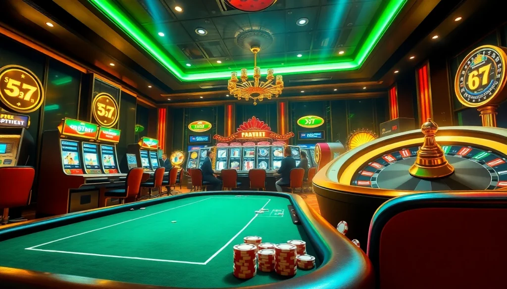 Players engaging in high-stakes poker at the 67bet online casino with vibrant slot machines.