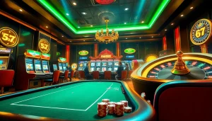 Players engaging in high-stakes poker at the 67bet online casino with vibrant slot machines.