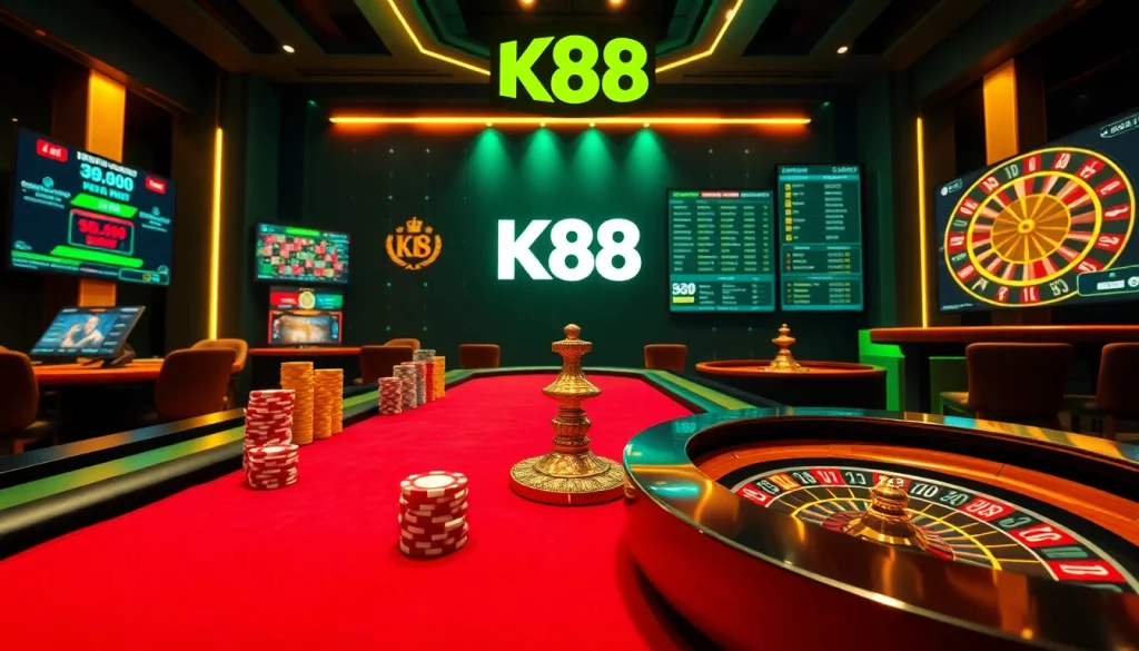 K88win features an exciting casino scene with poker chips and roulette for an immersive gambling experience.